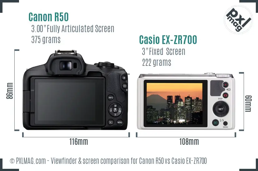 Canon R50 vs Casio EX-ZR700 Screen and Viewfinder comparison Canon R50 vs Casio EX-ZR700 Screen and Viewfinder comparison
