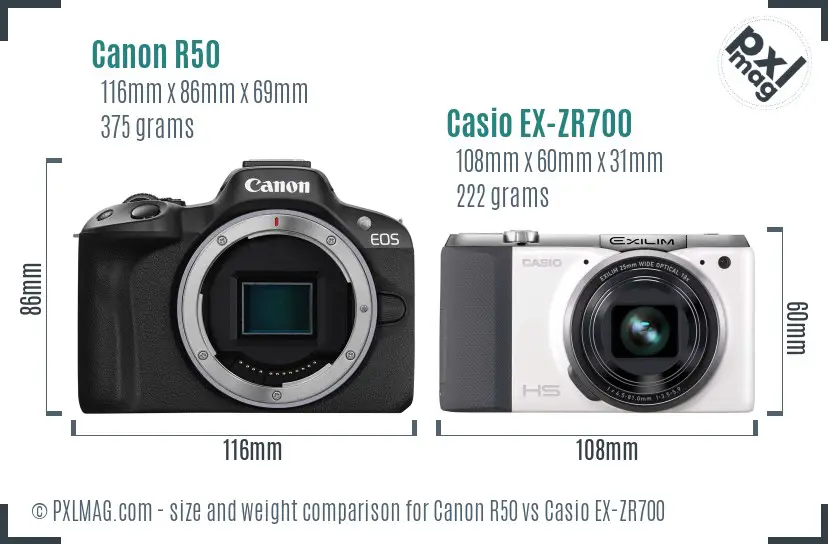Canon R50 vs Casio EX-ZR700 size comparison Canon R50 vs Casio EX-ZR700 size comparison