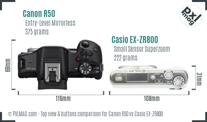 Canon R50 vs Casio EX-ZR800 top view buttons comparison Canon R50 vs Casio EX-ZR800 top view buttons comparison