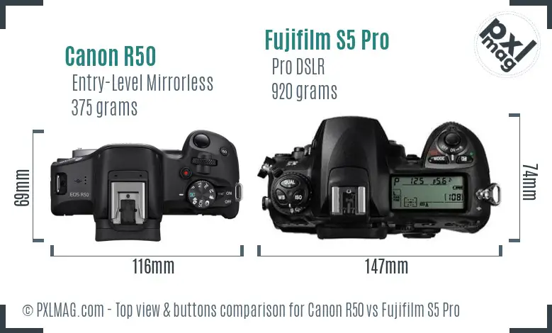 Canon R50 vs Fujifilm S5 Pro top view buttons comparison Canon R50 vs Fujifilm S5 Pro top view buttons comparison