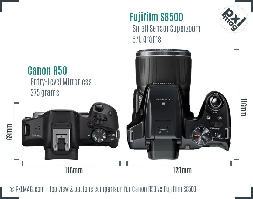 Canon R50 vs Fujifilm S8500 top view buttons comparison Canon R50 vs Fujifilm S8500 top view buttons comparison