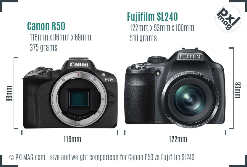 Canon R50 vs Fujifilm SL240 size comparison Canon R50 vs Fujifilm SL240 size comparison