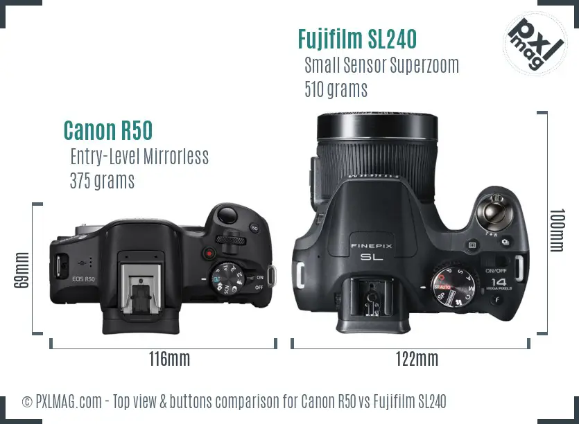 Canon R50 vs Fujifilm SL240 top view buttons comparison Canon R50 vs Fujifilm SL240 top view buttons comparison