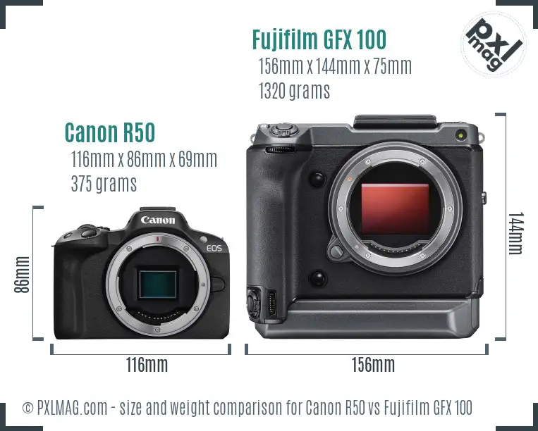 Canon R50 vs Fujifilm GFX 100 size comparison