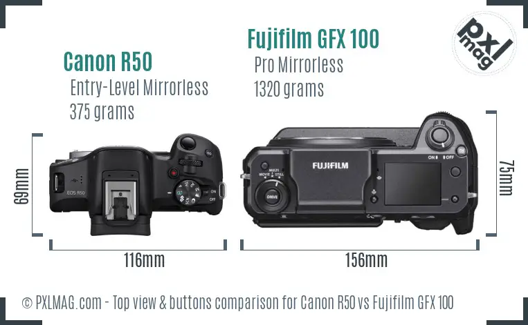 Canon R50 vs Fujifilm GFX 100 top view buttons comparison