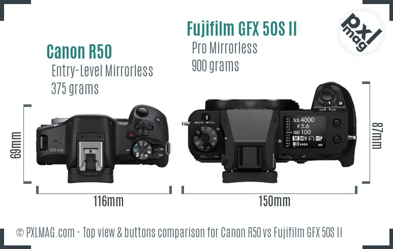 Canon R50 vs Fujifilm GFX 50S II top view buttons comparison