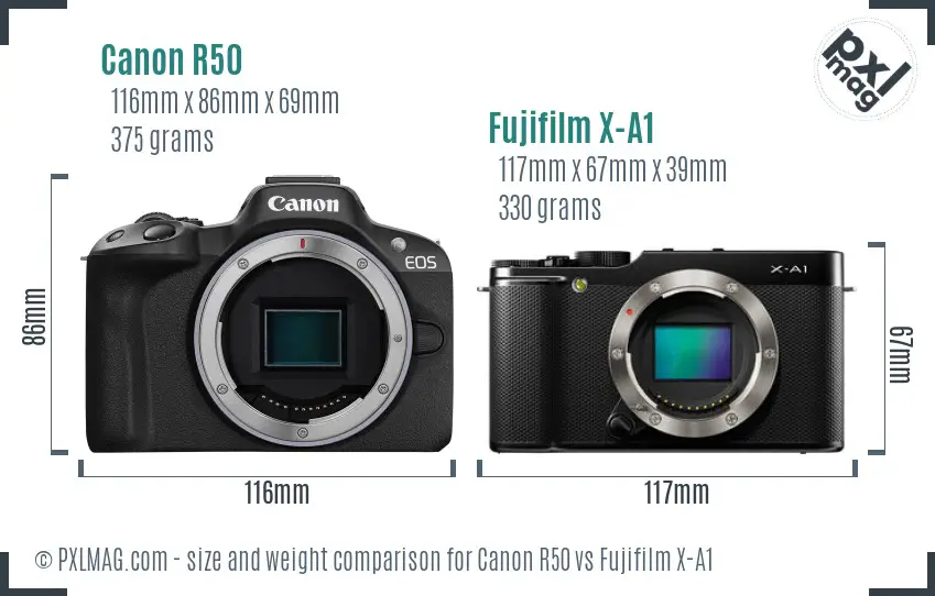 Canon R50 vs Fujifilm X-A1 size comparison