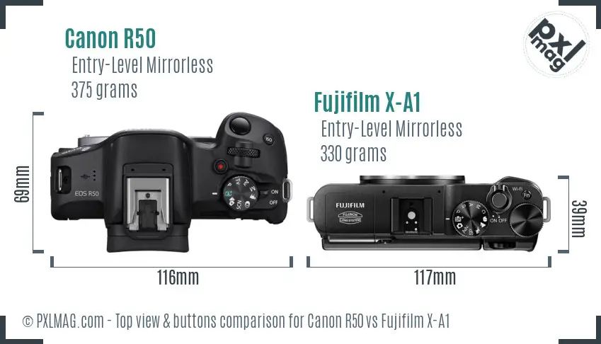 Canon R50 vs Fujifilm X-A1 top view buttons comparison