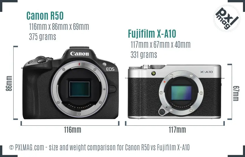 Canon R50 vs Fujifilm X-A10 size comparison