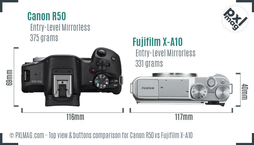Canon R50 vs Fujifilm X-A10 top view buttons comparison