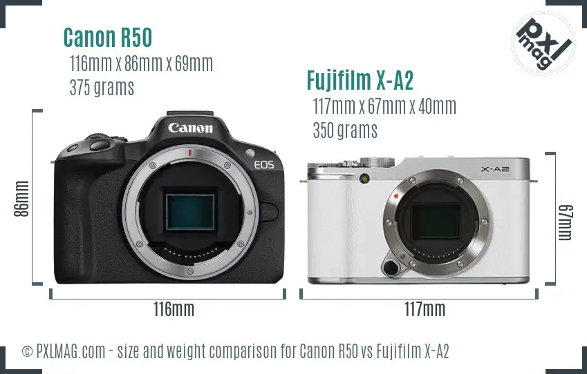 Canon R50 vs Fujifilm X-A2 size comparison