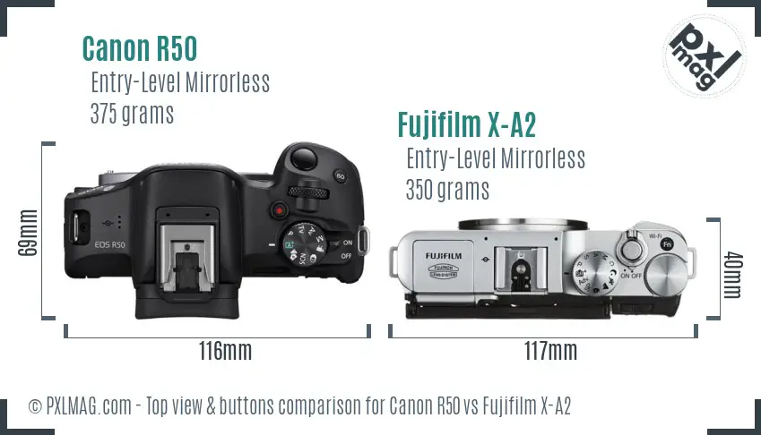 Canon R50 vs Fujifilm X-A2 top view buttons comparison