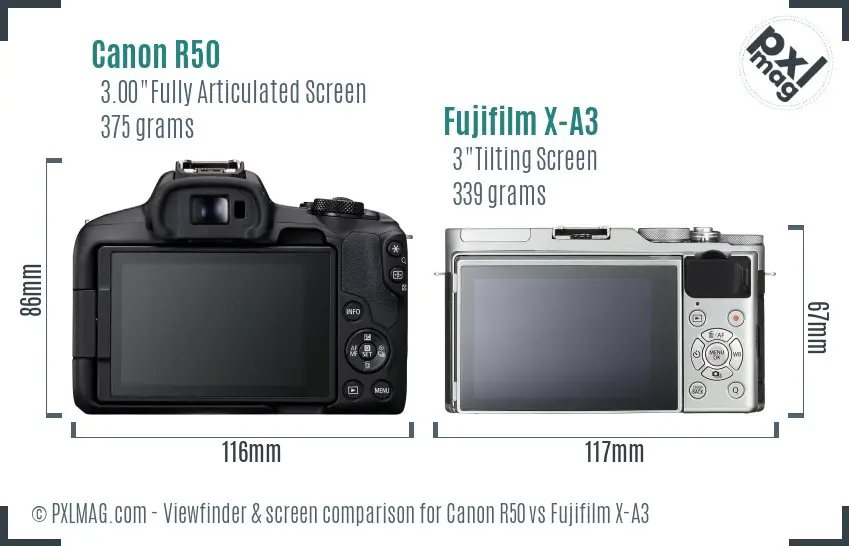 Canon R50 vs Fujifilm X-A3 Screen and Viewfinder comparison