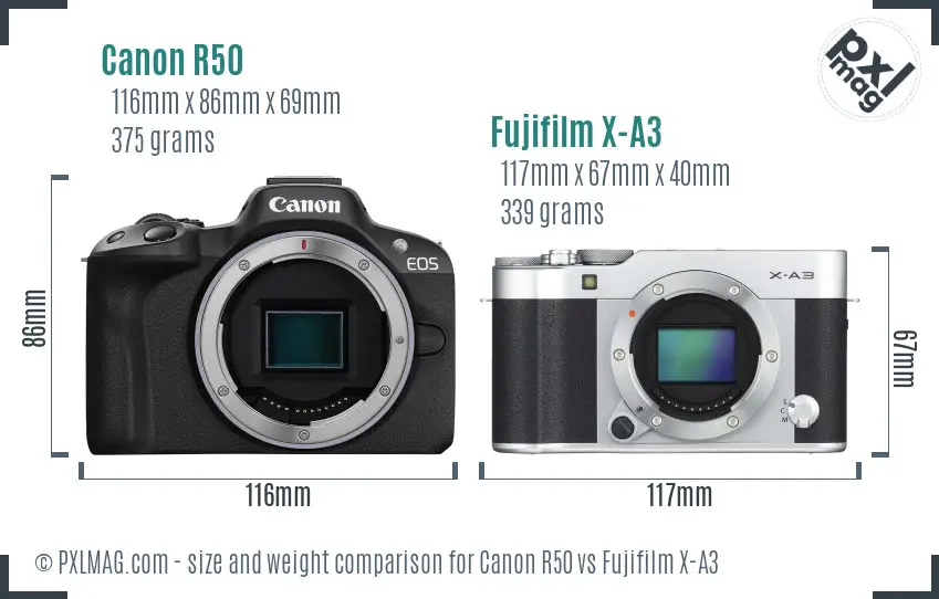Canon R50 vs Fujifilm X-A3 size comparison