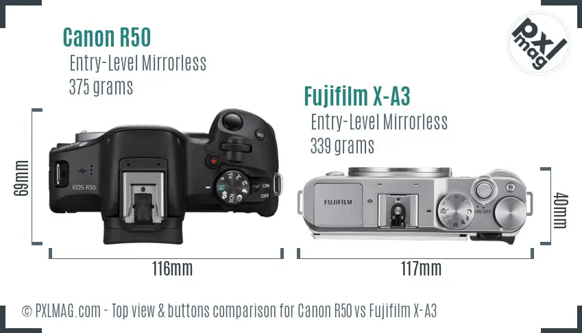 Canon R50 vs Fujifilm X-A3 top view buttons comparison