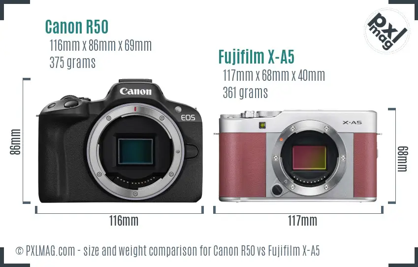 Canon R50 vs Fujifilm X-A5 size comparison