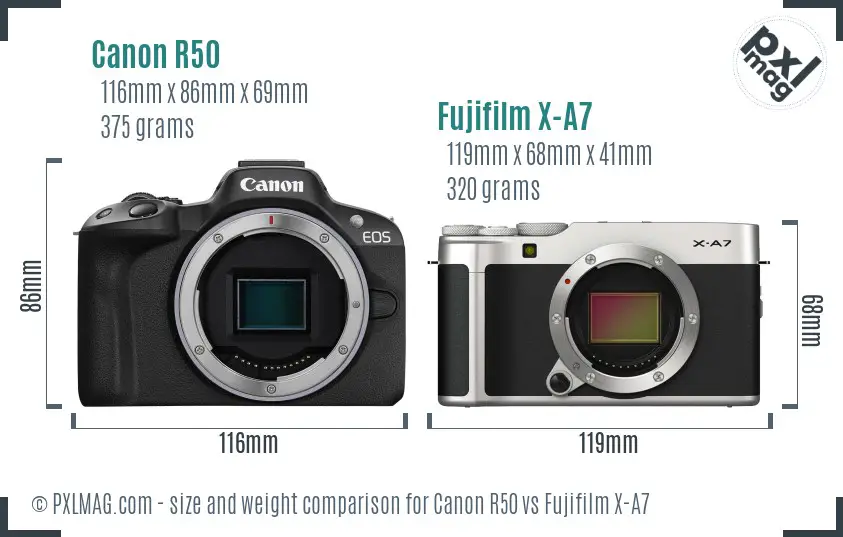 Canon R50 vs Fujifilm X-A7 size comparison