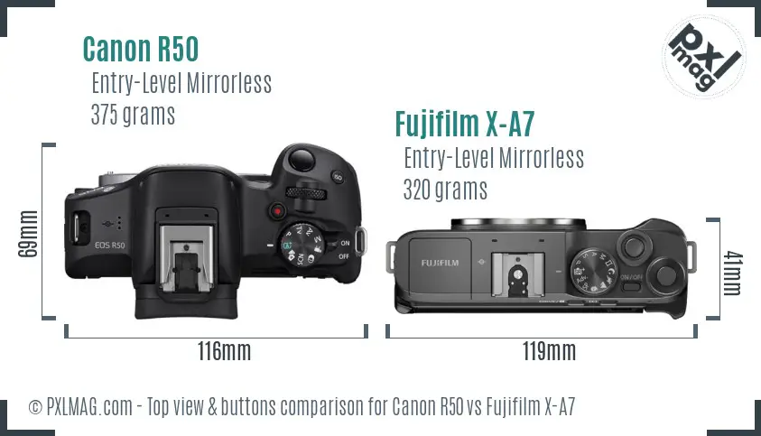 Canon R50 vs Fujifilm X-A7 top view buttons comparison
