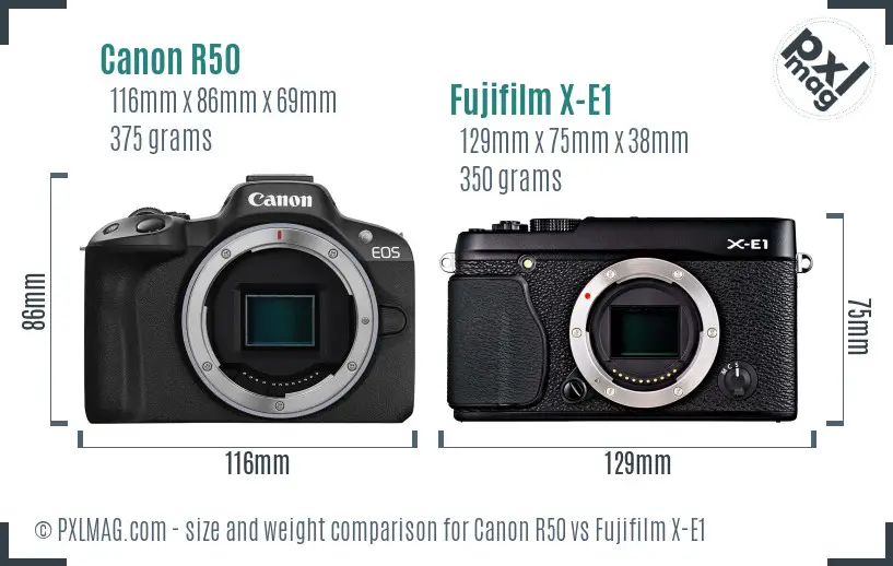 Canon R50 vs Fujifilm X-E1 size comparison