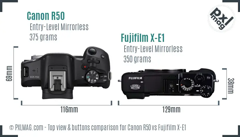 Canon R50 vs Fujifilm X-E1 top view buttons comparison