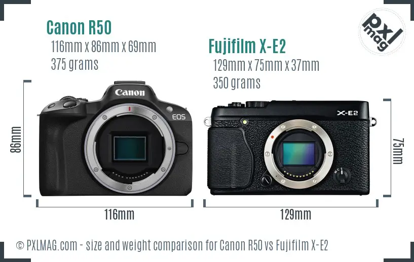 Canon R50 vs Fujifilm X-E2 size comparison