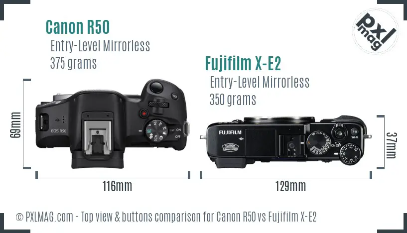 Canon R50 vs Fujifilm X-E2 top view buttons comparison