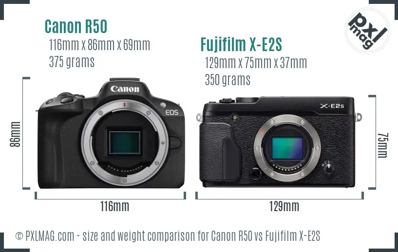 Canon R50 vs Fujifilm X-E2S size comparison