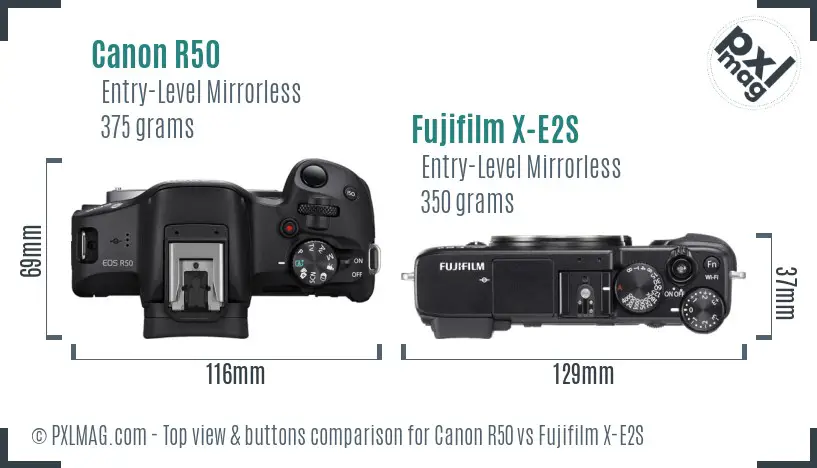 Canon R50 vs Fujifilm X-E2S top view buttons comparison