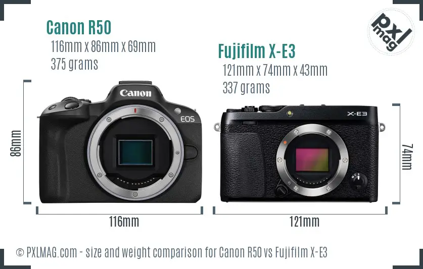 Canon R50 vs Fujifilm X-E3 size comparison