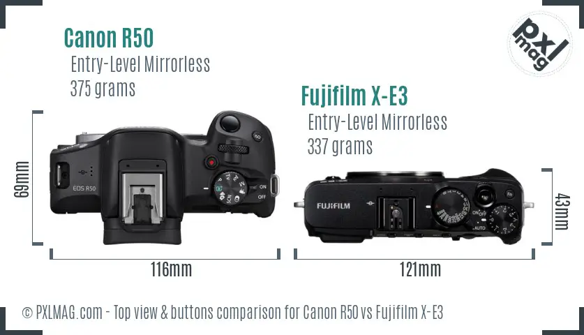 Canon R50 vs Fujifilm X-E3 top view buttons comparison