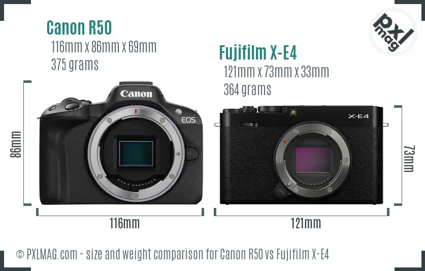 Canon R50 vs Fujifilm X-E4 size comparison