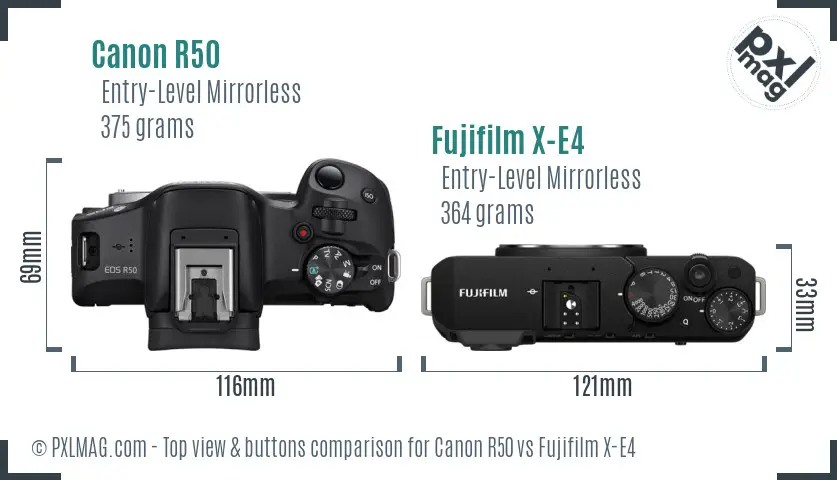 Canon R50 vs Fujifilm X-E4 top view buttons comparison