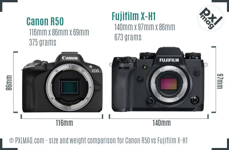 Canon R50 vs Fujifilm X-H1 size comparison