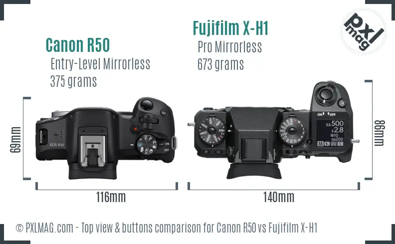 Canon R50 vs Fujifilm X-H1 top view buttons comparison