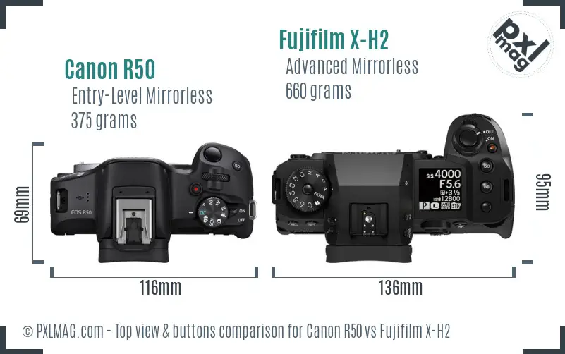 Canon R50 vs Fujifilm X-H2 top view buttons comparison