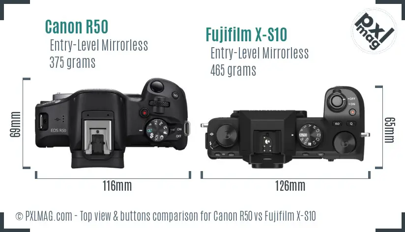 Canon R50 vs Fujifilm X-S10 top view buttons comparison