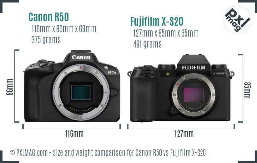 Canon R50 vs Fujifilm X-S20 size comparison
