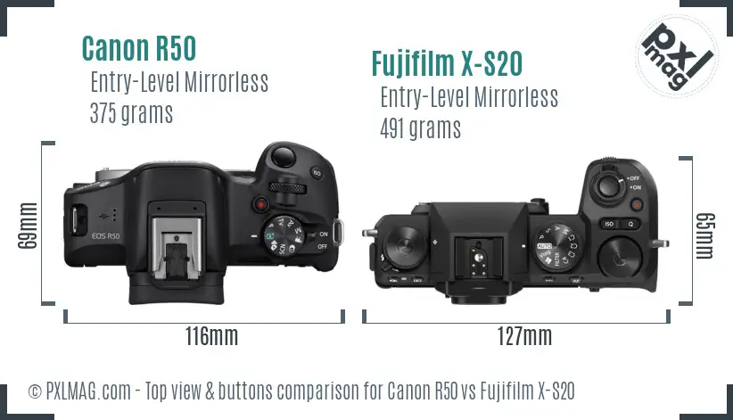 Canon R50 vs Fujifilm X-S20 top view buttons comparison