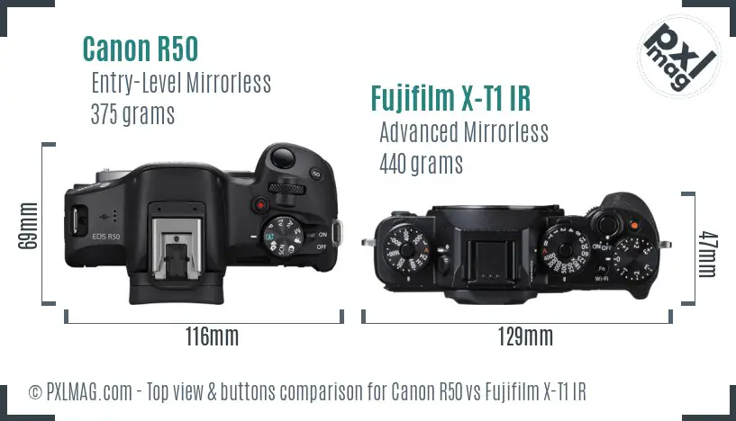 Canon R50 vs Fujifilm X-T1 IR top view buttons comparison