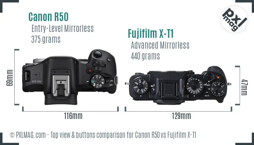 Canon R50 vs Fujifilm X-T1 top view buttons comparison