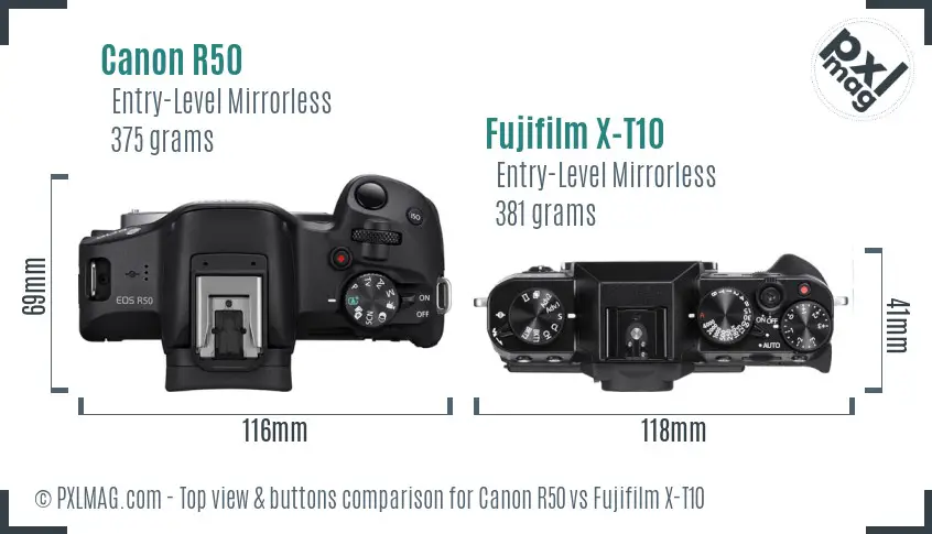 Canon R50 vs Fujifilm X-T10 top view buttons comparison