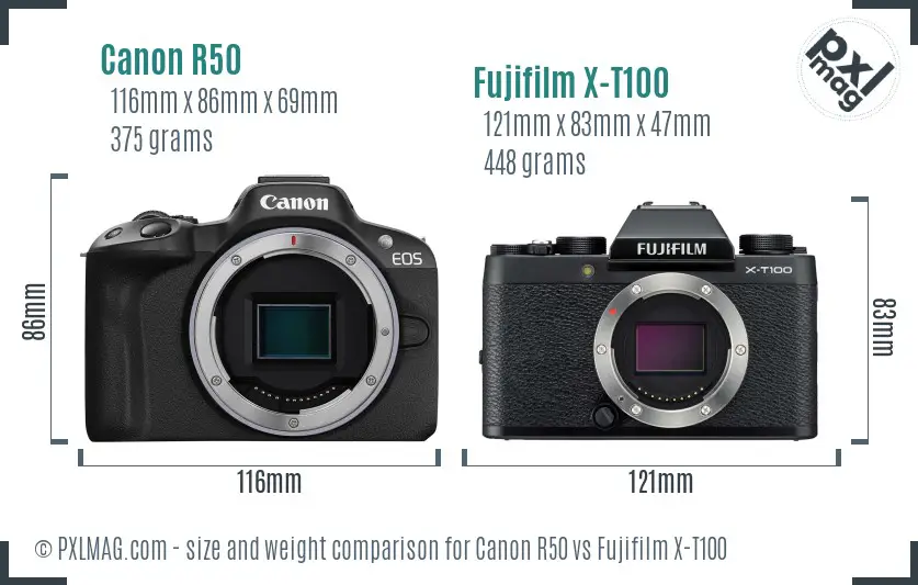 Canon R50 vs Fujifilm X-T100 size comparison