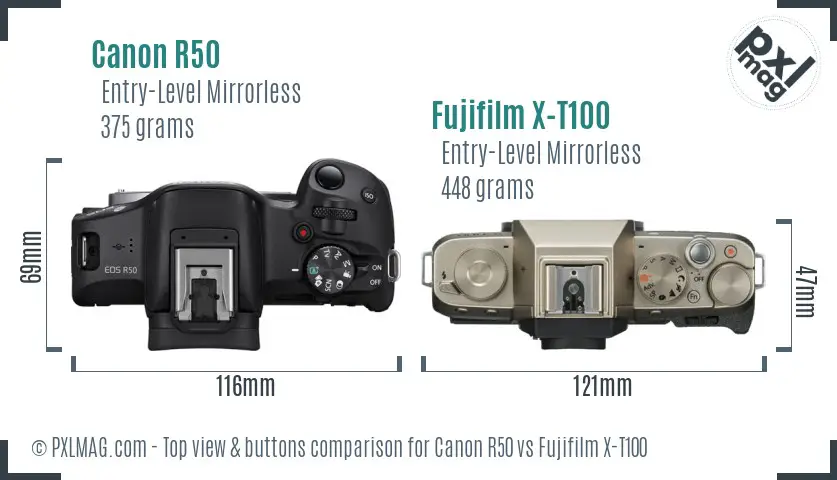 Canon R50 vs Fujifilm X-T100 top view buttons comparison