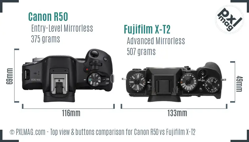 Canon R50 vs Fujifilm X-T2 top view buttons comparison