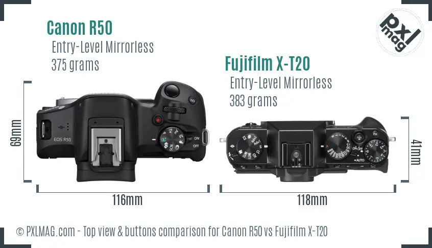 Canon R50 vs Fujifilm X-T20 top view buttons comparison