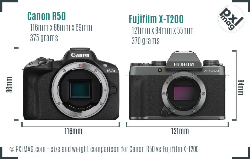 Canon R50 vs Fujifilm X-T200 size comparison