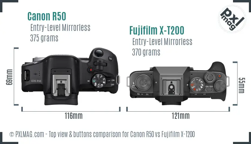 Canon R50 vs Fujifilm X-T200 top view buttons comparison