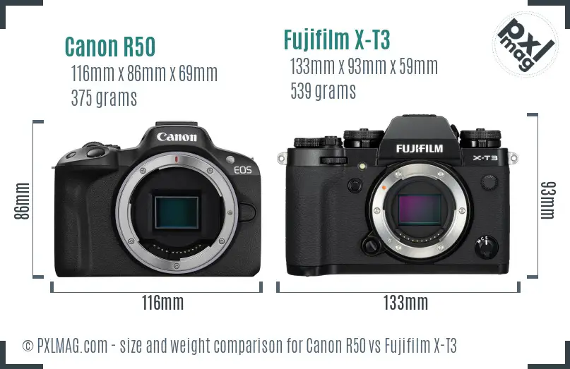 Canon R50 vs Fujifilm X-T3 size comparison