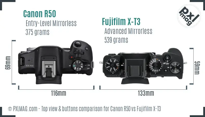 Canon R50 vs Fujifilm X-T3 top view buttons comparison