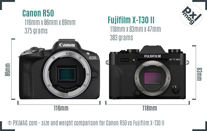 Canon R50 vs Fujifilm X-T30 II size comparison